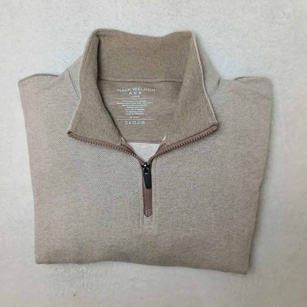 Mack Weldon Sweater Mens L Beige Ace 1/4 Zip Mock Neck Herringbone Pullover